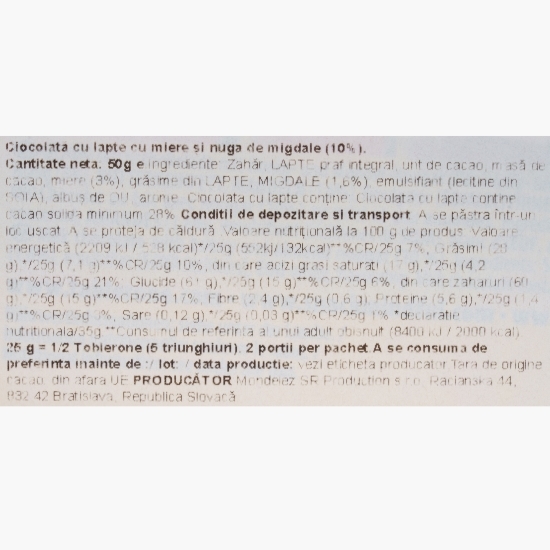 Ciocolată cu lapte, miere și nuga cu migdale 50g