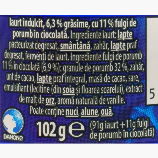 Iaurt Cremosso Duo 6.3% grăsime cu fulgi de porumb în ciocolată 102g