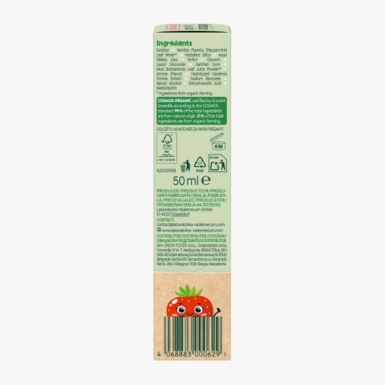 Pastă de dinți bio pentru copii, fără fluor, aromă de căpșuni, 1-6 ani, 50ml
