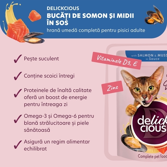 Hrană umedă pentru pisici, cu felii de somon și midii în sos, 85g