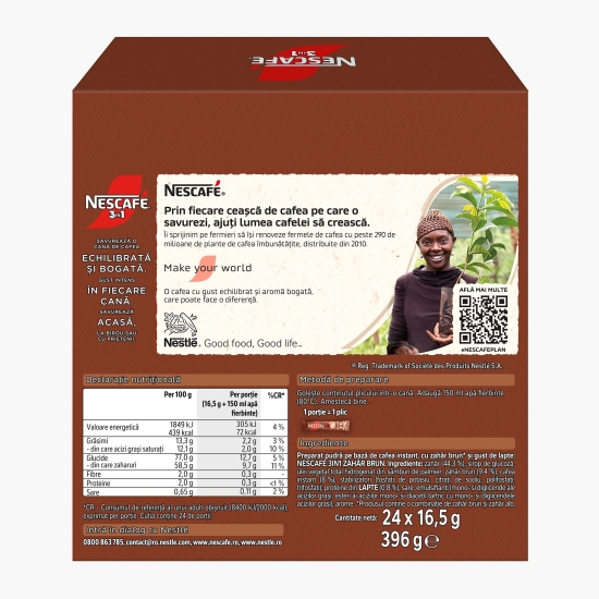 3în1 zahăr brun plicuri, 24x16.5g, mix de cafea instant