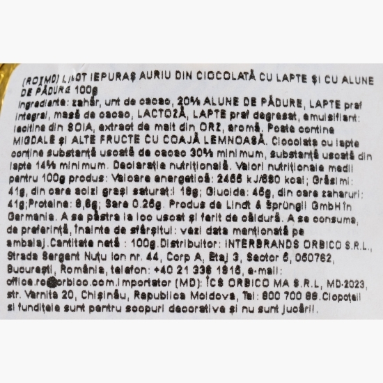 Iepuraș auriu cu ciocolată cu alune de Paște 100g