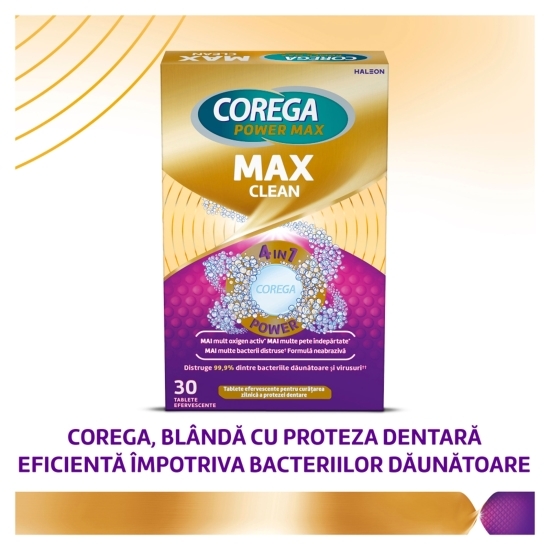 Tablete efervescente pentru curățarea zilnică a protezei dentare, dublă putere, Max Clean, 30 tablete