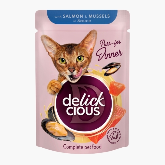 Hrană umedă pentru pisici, cu felii de somon și midii în sos, 85g