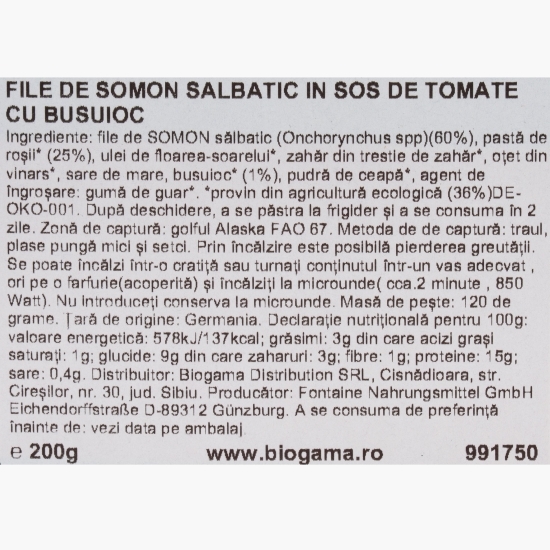 File de somon sălbatic în sos de tomate cu busuioc 200g