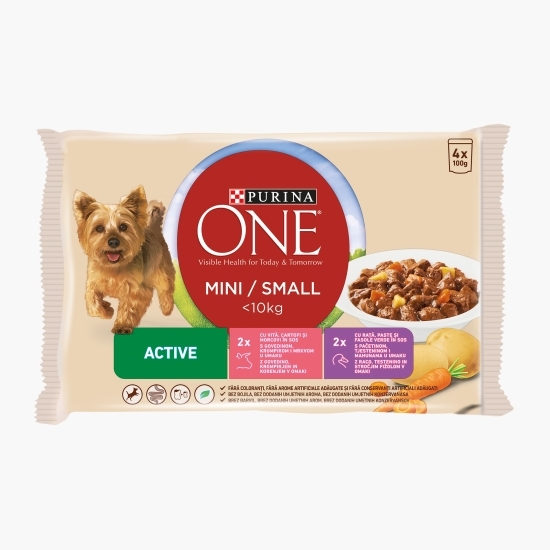 Hrană umedă pentru câini, 4x100g, Active cu vită, cartofi, morcov în sos și rață, paste și fasole
