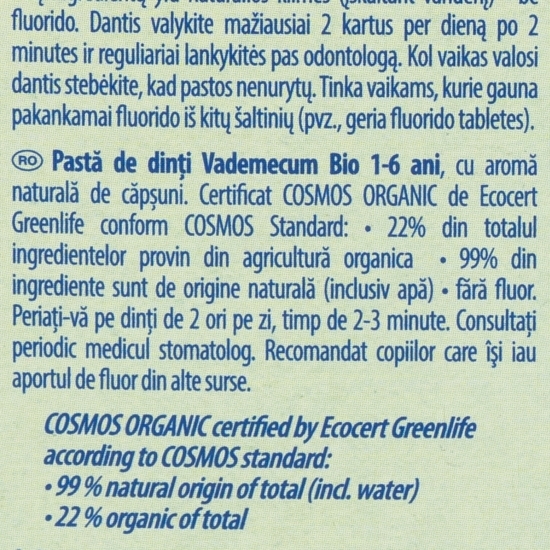 Pastă de dinți bio pentru copii, fără fluor, aromă de căpșuni, 1-6 ani, 50ml