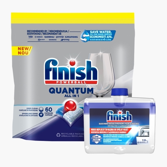 Pachet: Detergent capsule pentru mașina de spălat vase Quantum, 60 spălări + Soluție de curățare 250ml