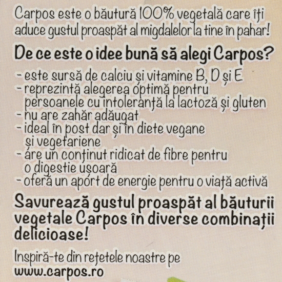 Băutură vegetală din migdale Carpos, fără zahăr 1l