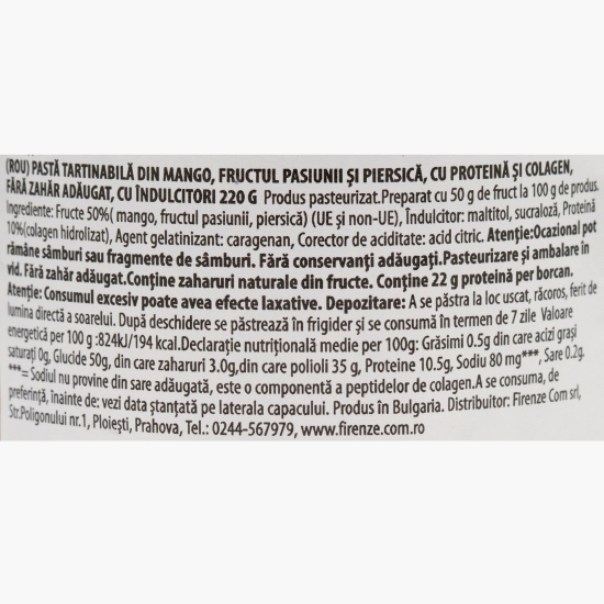 Pastă tartinabilă din mango, fructul pasiunii și piersică, cu proteină și colagen, fără zahăr adăugat, 220g