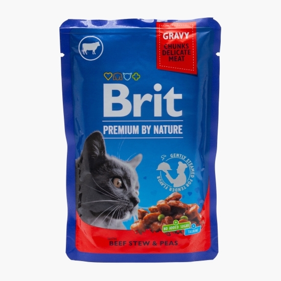 Hrană umedă pentru pisici, cu carne de vită și mazăre în sos 100g