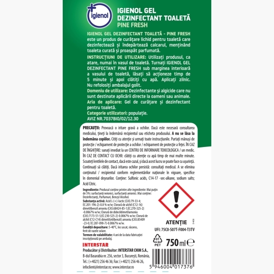 Gel dezinfectant pentru toaletă Pine Fresh 750ml