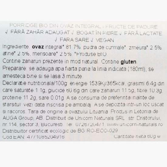 Porridge eco instant din ovăz integral cu fructe de pădure, fără zahăr adăugat, 60g