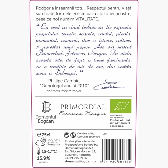 Vin roșu sec eco Primordial Fetească Neagră, 15.9%, 0.75l