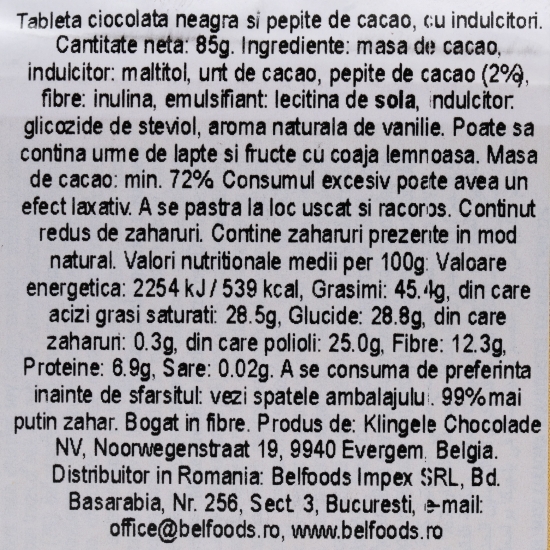 Ciocolată neagră 72% cacao, cu boabe de cacao, fără zahăr adăugat 85g