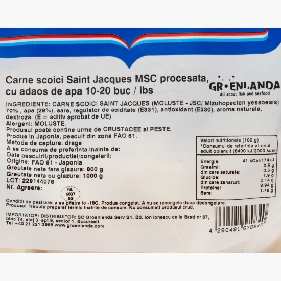 Carne scoici Saint Jacques 10/20 în glazură de gheață, 1kg