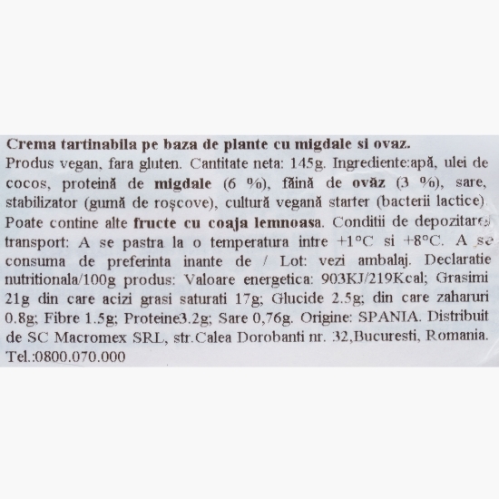 Cremă tartinabilă pe bază de plante cu migdale și ovăz 145g