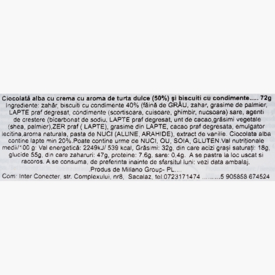 Baton de ciocolată albă cu turtă dulce și biscuiți cu condimente 72g