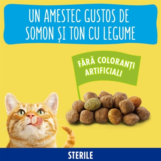 Hrană uscată pentru pisici adulte sterile, 1.5kg, cu somon și legume