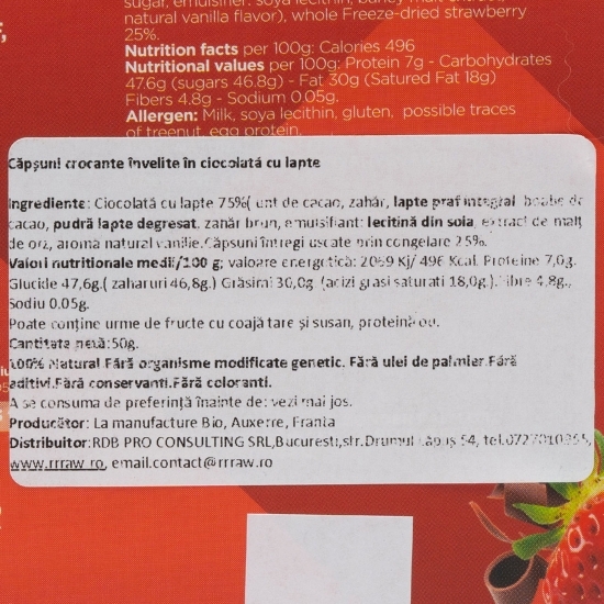 Căpșuni liofilizate învelite în ciocolată cu lapte 50g