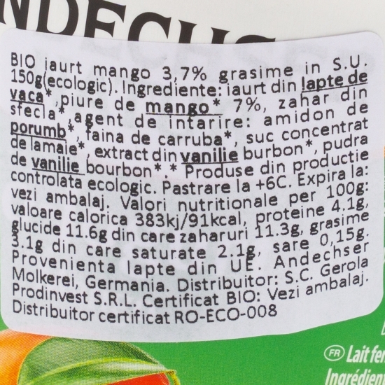 Iaurt eco mango 3.7% grăsime 150g