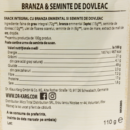 Snack integral cu emmental și semințe de dovleac 110g