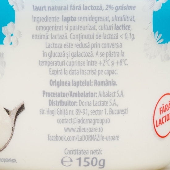 Iaurt natural fără lactoză, 2% grăsime, 150g