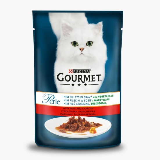 Hrană umedă pentru pisici, 85g, mini fileuri în sos, vită și morcovi