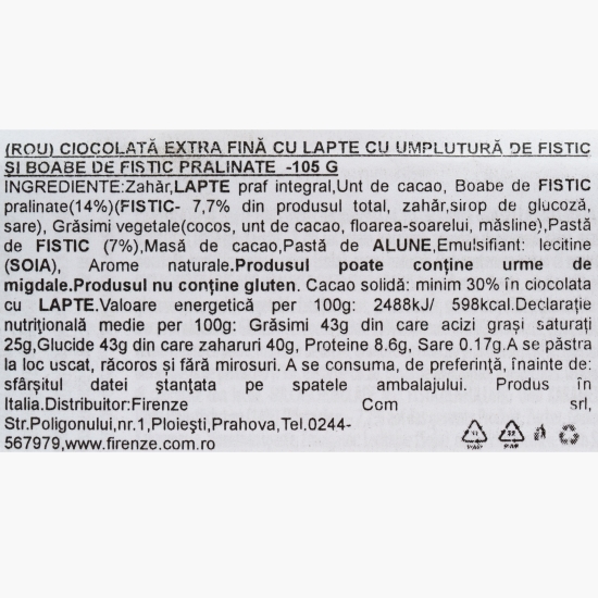 Ciocolată extrafină cu lapte, cu cremă de fistic și fistic pralinat 105g