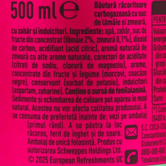 Băutură carbogazoasă cu lămâie și zmeură 500ml