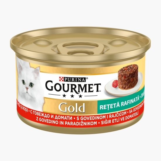 Hrană umedă pentru pisici, 85g, Rețetă rafinată cu vită și roșii