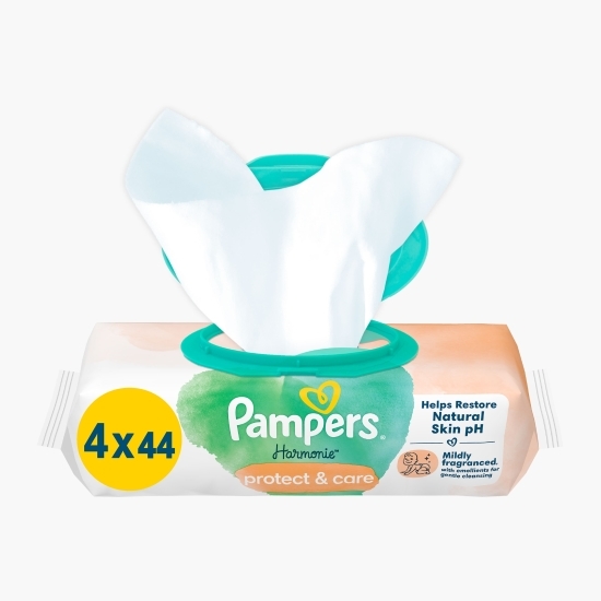 Șervețele umede pentru bebeluși Harmonie Protect & Care, 4 pachete x 44 buc, 176 buc