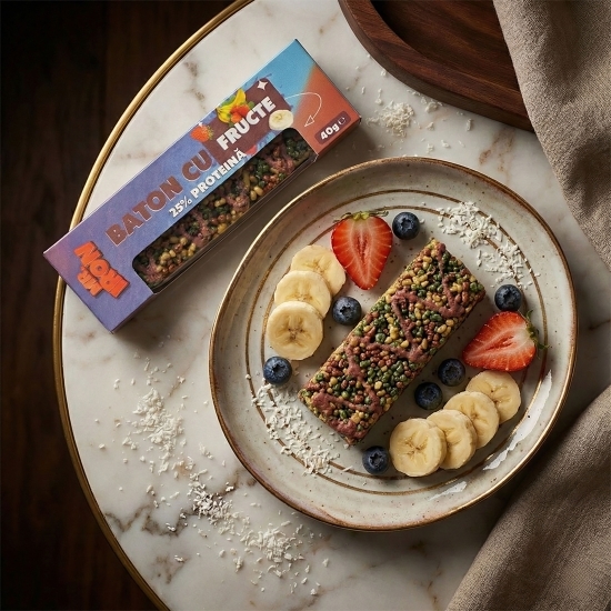 Baton crispy cu aromă de fructe, 25% proteină, fără zahăr adăugat, 40g