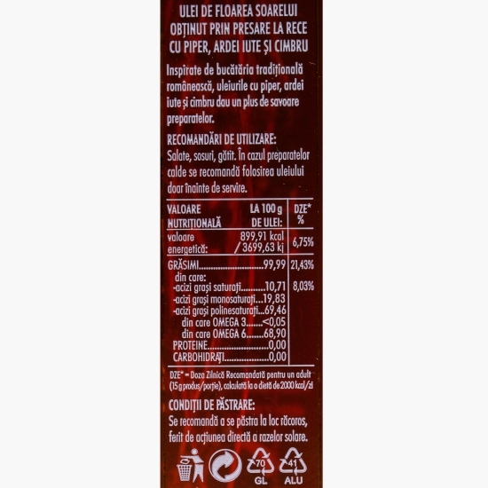 Ulei de floarea soarelui cu cimbru, piper și ardei iute 250ml