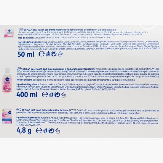 Set cadou Rose Care: Gel-cremă cu apă de trandafiri 50ml + Apă micelară cu apă de trandafiri 400ml + Balsam de buze Soft Rose 4.8m + geantă cadou