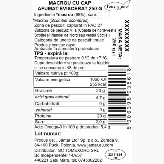 Macrou cu cap afumat eviscerat 250g