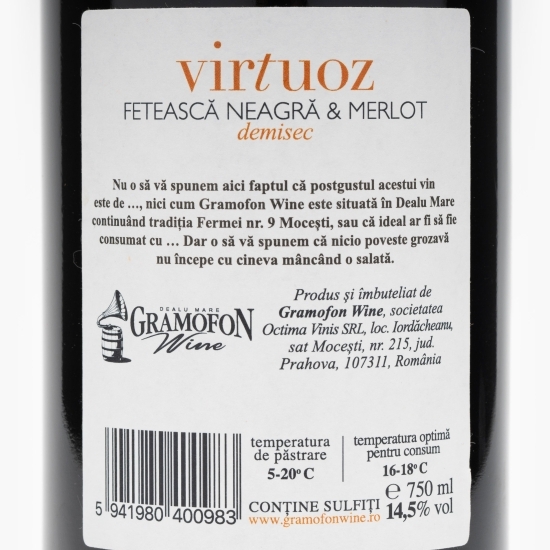 Vin roșu demisec Virtuoz Fetească Neagră&Merlot, 14.5%, 0.75l