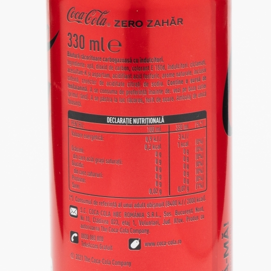 Băutură carbogazoasă cola zero zahăr doză 0.33l