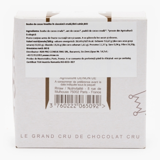 Boabe de cacao învelite în ciocolată crudă eco, fără zahăr 80g