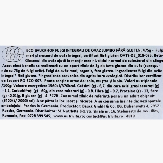 Fulgi de ovăz eco jumbo, fără gluten 475g