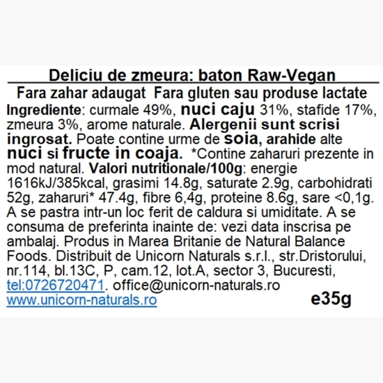 Baton raw vegan cu zmeură, fără gluten, fără zahăr adăugat 35g