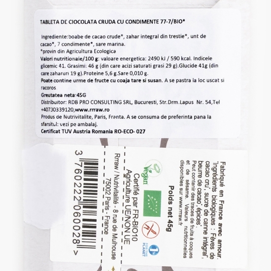 Tabletă de ciocolată crudă cu 7 condimente, 77% cacao eco 45g