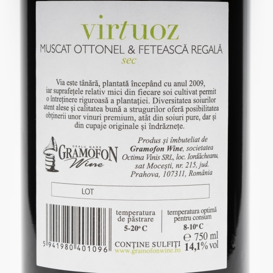 Vin alb sec Virtuoz Muscat Ottonel & Fetească Regală, 14.1%, 0.75l