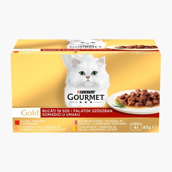 Hrană umedă pentru pisici, 4x85g, Multipack cu vită/curcan și rată/somon și pui/pui și ficat