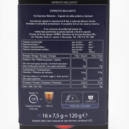 Capsule cafea, Belcanto Lungo, 16 băuturi, 120g