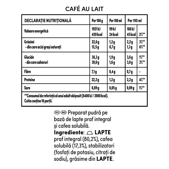 Café au lait 16 băuturi 160g, capsule cafea