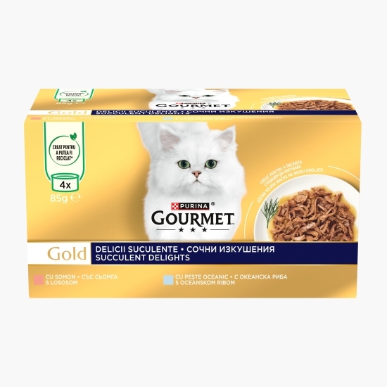 Hrană umedă pentru pisici Gold Delicii Suculente, 4x85g, mix de arome (somon și pește oceanic)