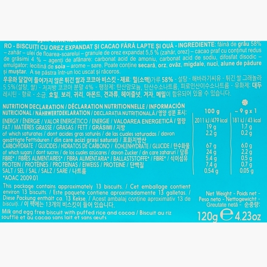 Biscuiți cu cacao și orez expandat, fără lapte și ouă 120g