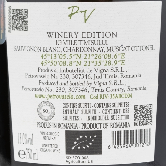 Vin alb sec ecologic Sauvignon Blanc & Chardonnay & Muscat Ottonel Winery Edition, 13%, 0.75l