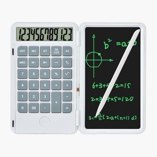 Calculator de mână reîncărcabil, cu tablă de scris, alb